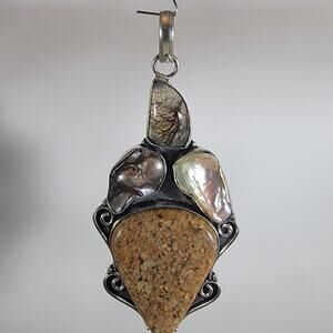 Handmade Silver Pendant – Jasper, Pearl & Rutilated Quartz + 20" Silver Chain